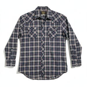 Roebucks Vintage men's XL Plaid Western Snap Button Shirt Blue Red White